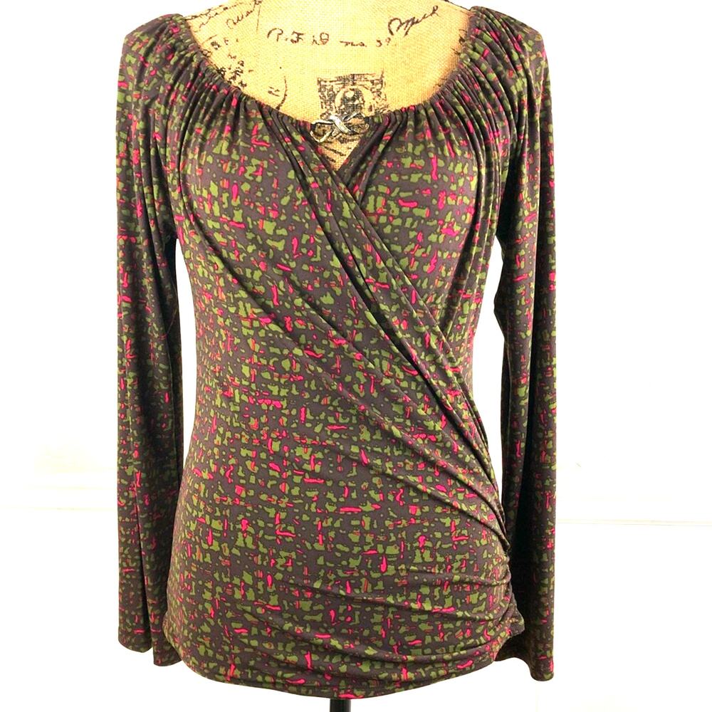 Bisou Bisou Top Brown Olive Green Pink Side Ruched V Neck with  Brass Bling Bow
